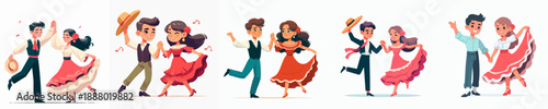 Cartoon Style Cheerful Couple Performing Traditional Latin American Dance Illustrations Set