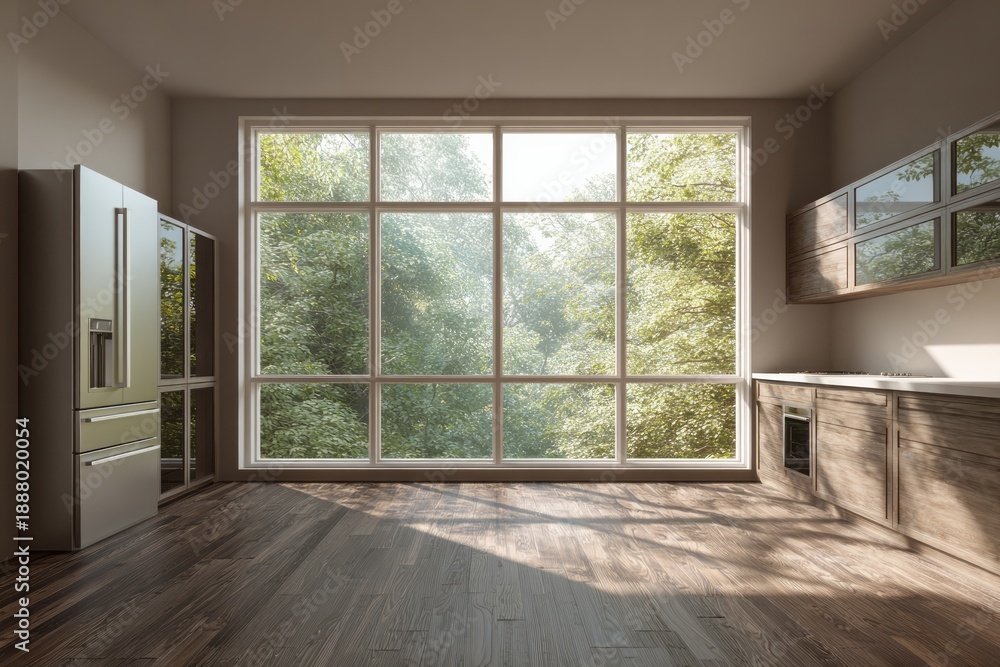 Obraz premium Contemporary kitchen space bathed in bright daylight streaming through a large picture window overlooking abundant foliage