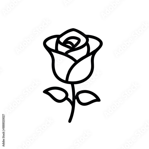 Minimalist black outline icon of a single rose flower with stem and leaves