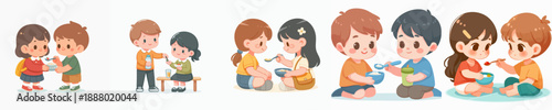 Colorful Cartoon Young Child Feeding Friend with Spoon Illustration Set