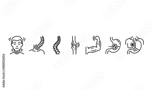 Modern thin-line black and white pain and body problem vector icon set