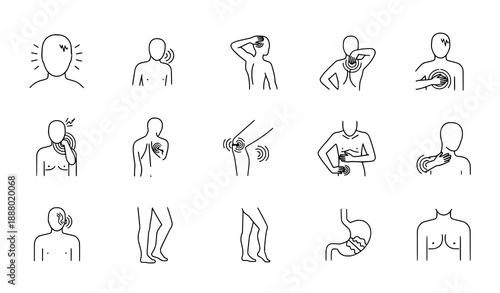 Minimal body pain and health problem line art vector icons in black and white