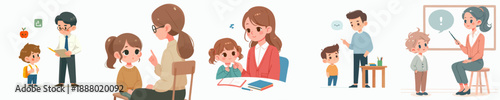 Cartoon Style Illustrations of Parental Support and Teacher Interactions with Children