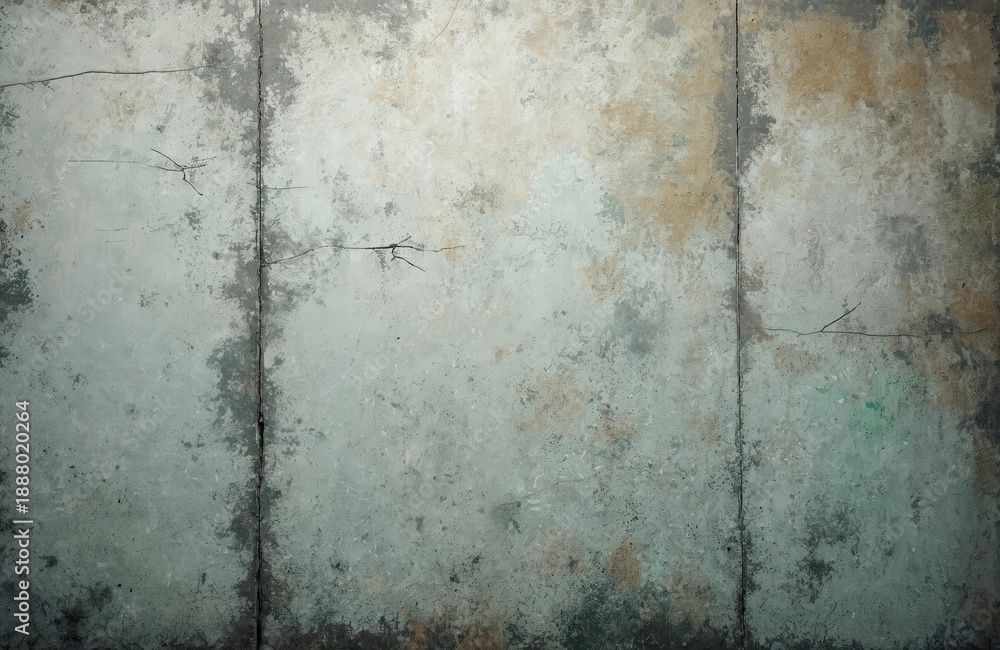 Obraz premium Rough concrete wall with stains and cracks. Aged plaster surface with weathered texture. Dirty wall background, old construction material. Interior or exterior rough surface detail.
