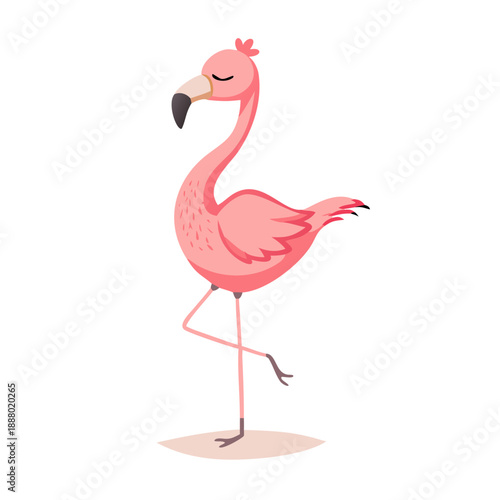 A tall pink flamingo standing on one leg in a graceful yoga tree pose, with a peaceful expression and closed eyes.