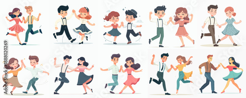 Lively Cartoon Style Dancing Couples Illustration with Retro Clothing and Pose