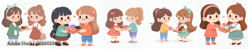 Cute Cartoon Style Two Girls Sharing a Gift Basket Illustration