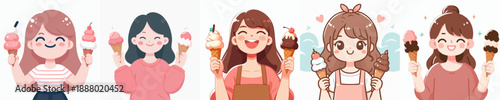 Cute Cartoon Style Girls Holding Ice Cream Cones Happy Characters Illustration