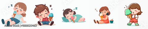 Cute Cartoon Child Sleepy with Ice Cream Sweet Dessert Illustration Set