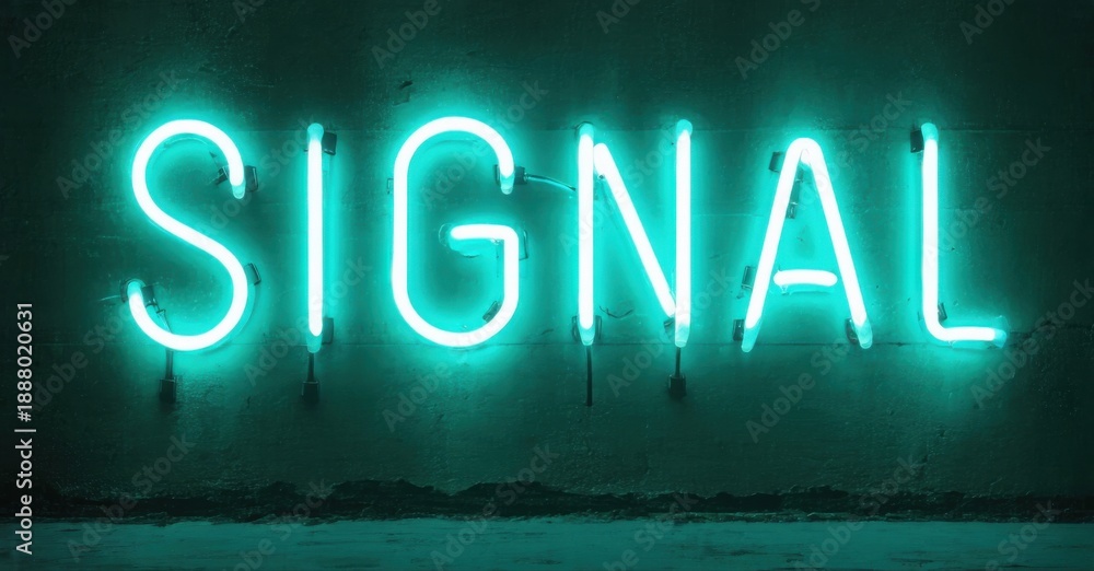 Obraz premium Bright neon sign spells SIGNAL. Turquoise glow illuminates textured dark wall. Minimalist aesthetic, simple composition, striking visual impact.
