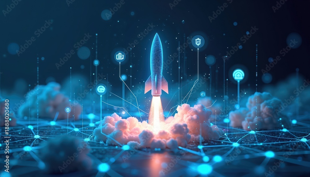 Fototapeta premium Digital rocket launches from glowing clouds. Futuristic network connects glowing nodes and icons. Spacecraft ascends into cybernetic data cloud.