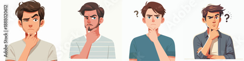Cartoon Style Diverse Group of Pensive Young Man Character Illustration