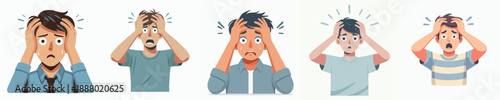 Cartoon Character Worried Stressed Man Holding Head Hand Illustration Set