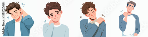 Modern Flat Illustration Set of Young Man with Neck Pain Gesture