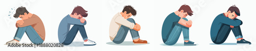 Simple Style Set of Depressed Man Sitting and Hugging Knees Illustration