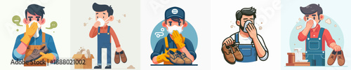 Cartoon Style Male Worker Touching Face with Glove Gesture Illustration Set