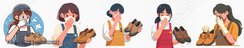 Clean Cartoon Character Girl Holding Shoes Because of Bad Smell Illustration