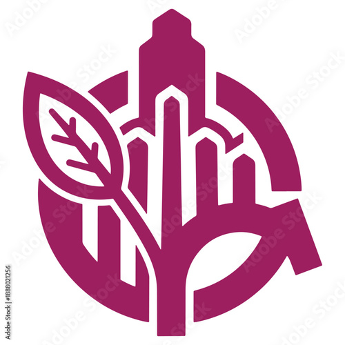 Purple Ecofriendly Cityscape with Green Leaf Symbolizing Sustainable Urban Development