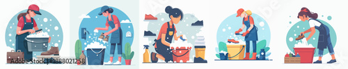 Flat Style Detailed Shoe Cleaner Illustration Set in Different Scenarios