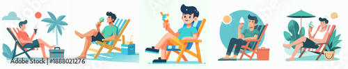 Creative Flat Style Illustrations of Man Relaxing on Beach Deckchair Set