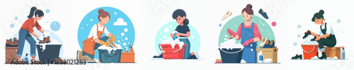 Flat Illustration Set of Woman Washing Clothes by Hand in Bucket