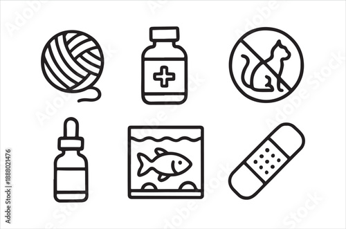 Pet care essentials yarn medicine fish and safety icons depicted