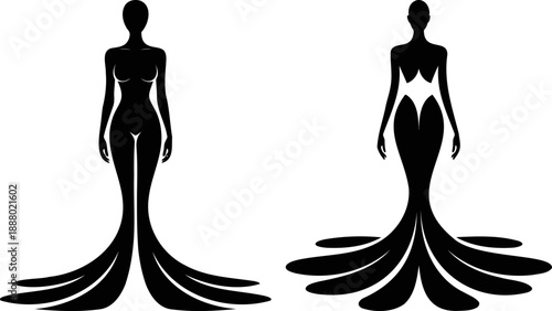Black silhouettes of women in flowing gowns woman female
