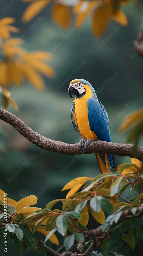 Obraz premium A blue and yellow macaw parrot is perched on a tree branch
