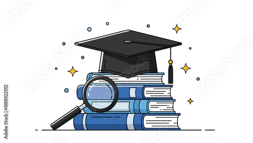 Black graduation cap sits on top of a stack of academic books with a magnifying glass to symbolize research, learning, and education.