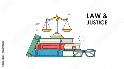 Scales of justice rest on a stack of legal books next to a pair of glasses and the words law and justice in a clean professional layout.