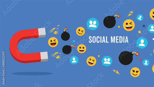 Large red horseshoe magnet attracts social media emojis, notification bombs, and user profiles to demonstrate viral marketing strategies.