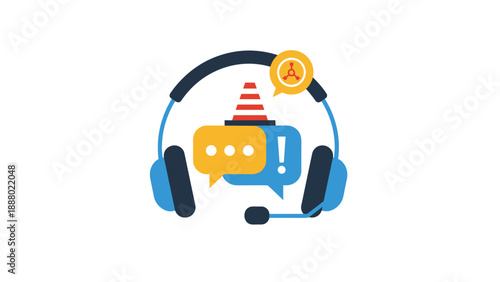 Blue headset is surrounded by chat bubbles and a traffic cone to represent technical support and maintenance services for customers.