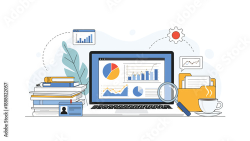 Business workstation features a laptop with financial charts, a cup of coffee, and stacks of books for professional data analysis.