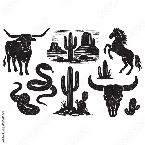 Western Desert Linocut Print Set – Boho Cactus, Canyon Wildlife & Rodeo Icons