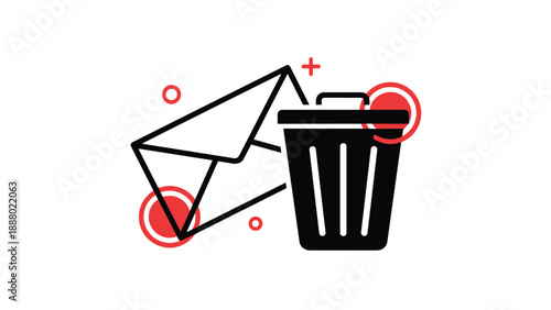 Envelope icon is being moved into a black trash can with red circles to represent filtering spam emails and cleaning a digital inbox.
