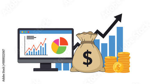 Desktop computer displays growth charts and analytics next to a large bag of money and rising bar graphs for financial success.