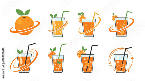 Collection of eight different orange juice logos shows various designs of glasses with straws and fresh fruit icons for branding.