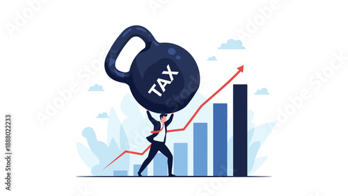 Businessman struggles to carry a heavy kettlebell weight labeled tax up a rising bar chart representing the burden of taxation.