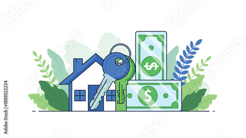 House model and keys are surrounded by green leaves and stacks of dollar bills to represent profitable real estate and property investment.