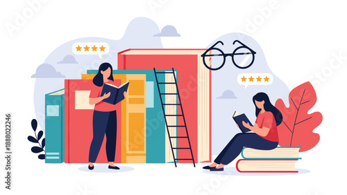 Two women read books while sitting and standing on a massive stack of literature to represent education, ratings, and learning.