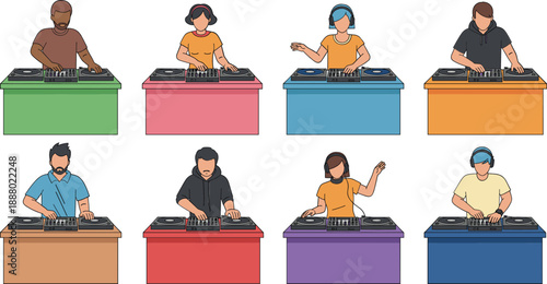 Set of DJ characters playing music vector illustration, nightclub disc jockey performers with turntables for party event design