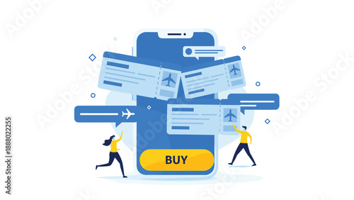 Two people interact with a large smartphone displaying multiple airline tickets and chat bubbles for convenient flight booking.