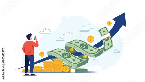 Young man watches significant financial growth as paper money and golden coins fly upwards along a rising blue arrow.