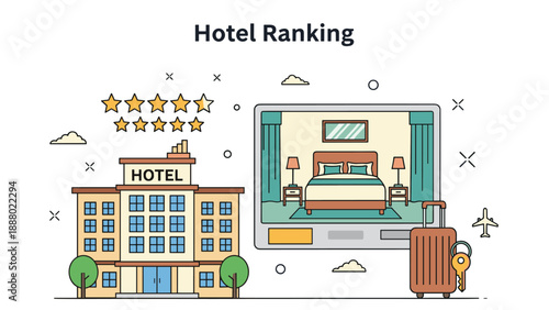 Hotel ranking concept shows a luxury building alongside a digital display of a comfortable room and travel essentials like luggage.