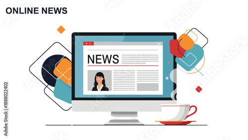 Daily online news is displayed on a computer screen next to a steaming cup of coffee to represent a modern morning routine.