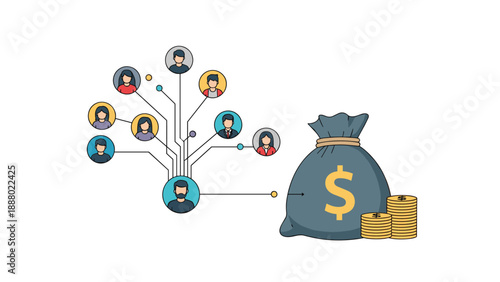Social network of diverse individuals is connected to a large bag of money to illustrate referral programs and shared financial goals.