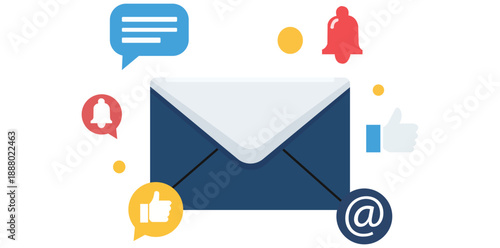 Email Communication: Envelopes, speech bubbles, alert symbols, and social media symbols create a vibrant, engaging illustration. Ideal for conveying the essence of online correspondence.