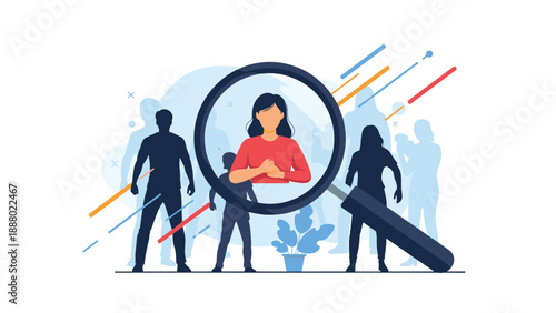 Magnifying glass highlights a single woman among a group of silhouettes to illustrate the process of finding the right talent.