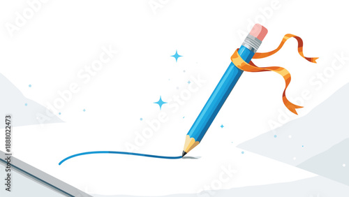 Creative process is shown as a blue pencil draws a smooth line across a white page while an orange ribbon floats nearby.