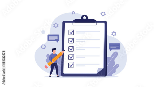 Diligent man uses a large yellow pencil to mark completed items on a giant clipboard to represent quality control and organization.